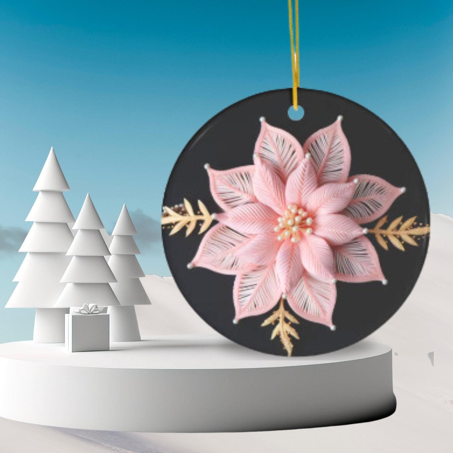 Poinsettia Christmas Ornament – Personalized Pink and Gold Ceramic Decoration