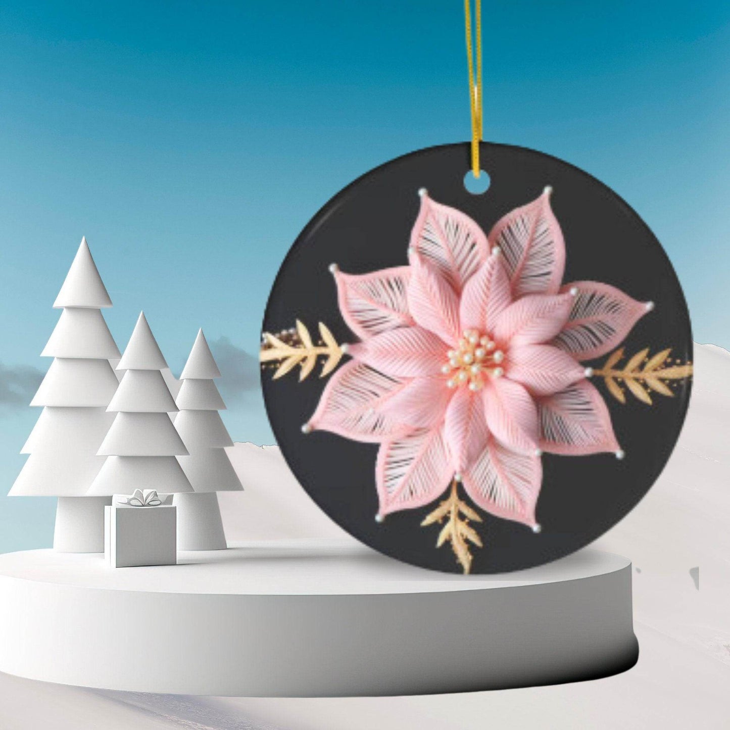 Poinsettia Christmas Ornament – Personalized Pink and Gold Ceramic Decoration - timelessbohochic.com