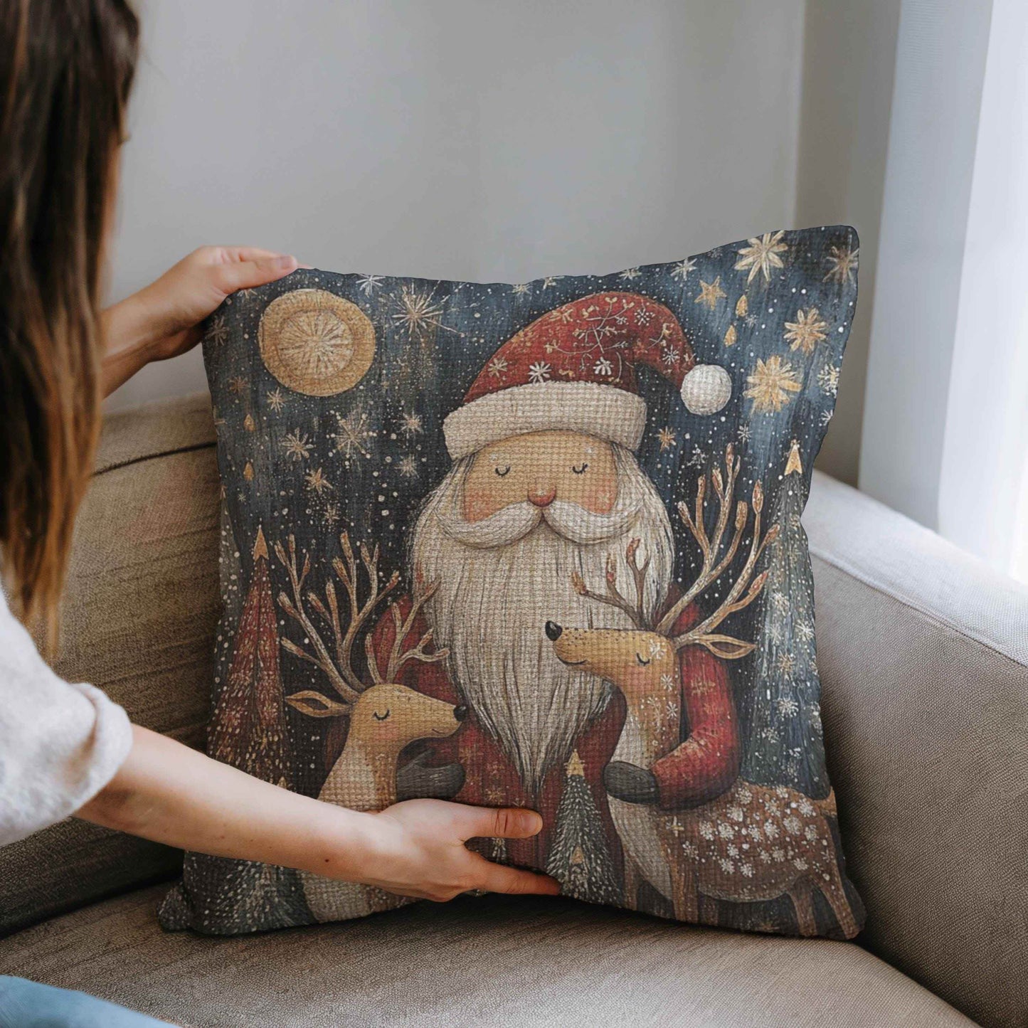 Christmas Santa Pillow - Festive Throw Pillow With Santa And Reindeer Design - timelessbohochic.com