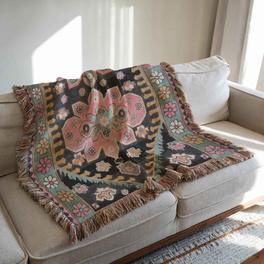 Caucasian Rug Inspired woven blanket with geometric pattern styled for layered home decor