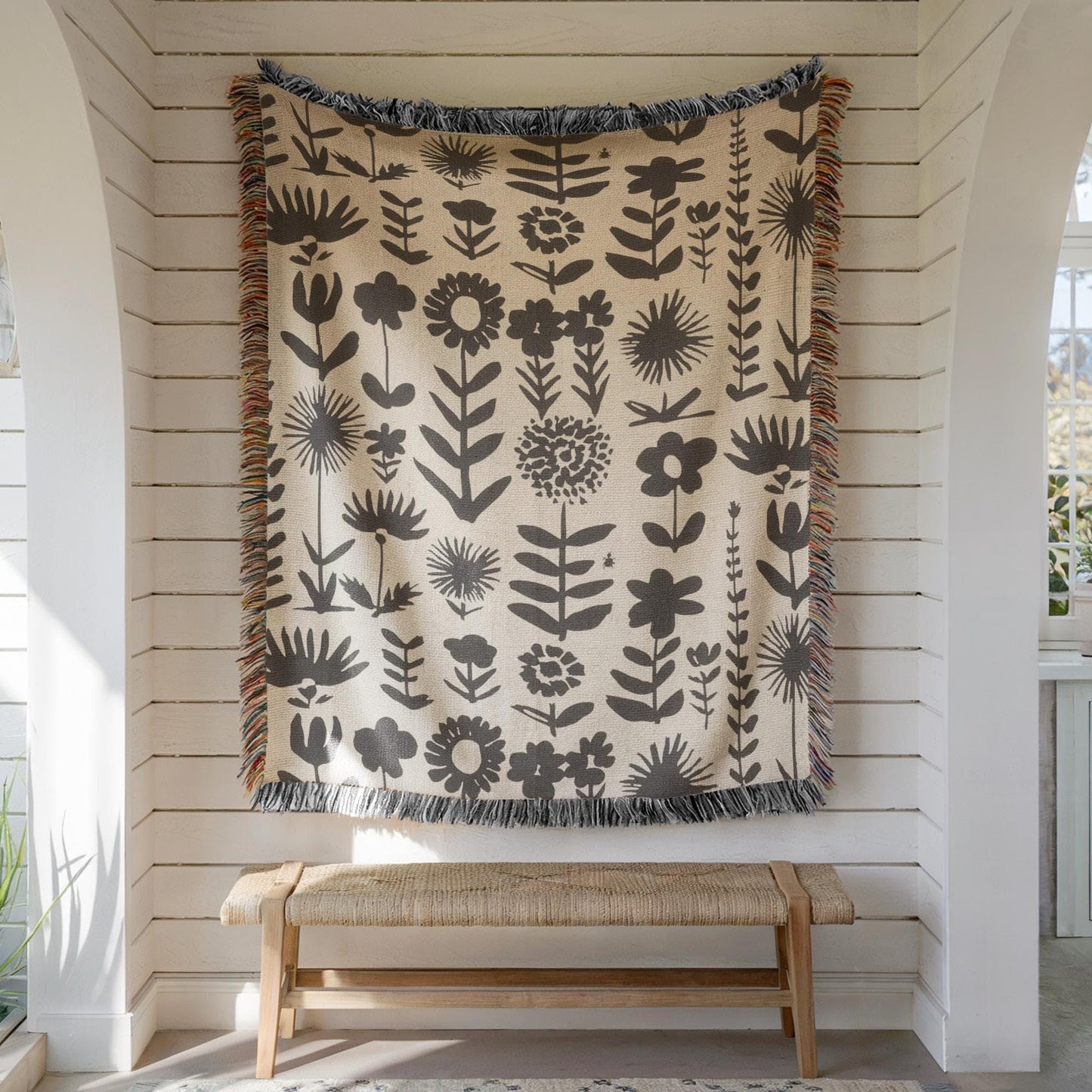 Wildflowers Meadow Throw - Cozy Cotton Blanket With Botanical Print & Colorful Fringed Edges