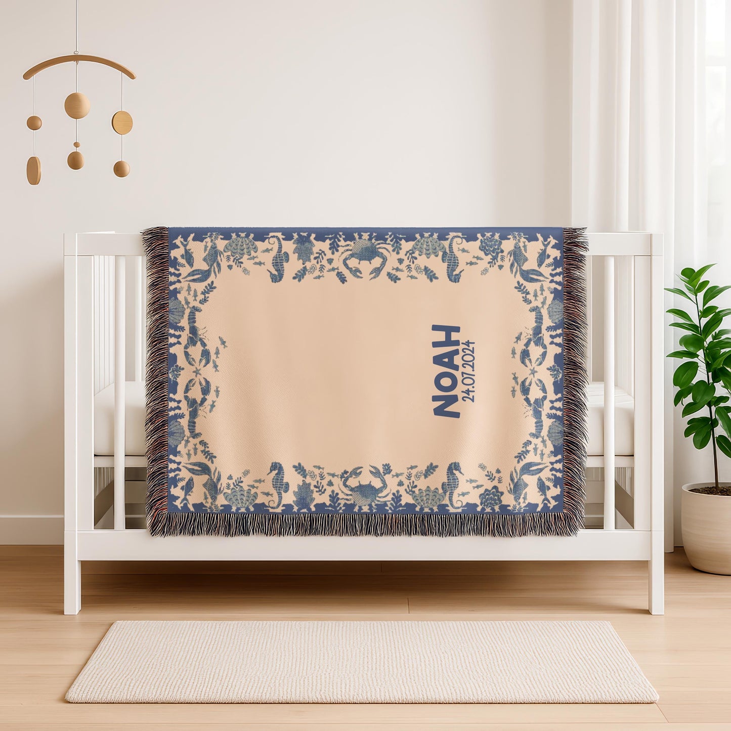Personalized Baby Blanket - Ocean Theme Woven Throw with Name & Date, Custom Cotton