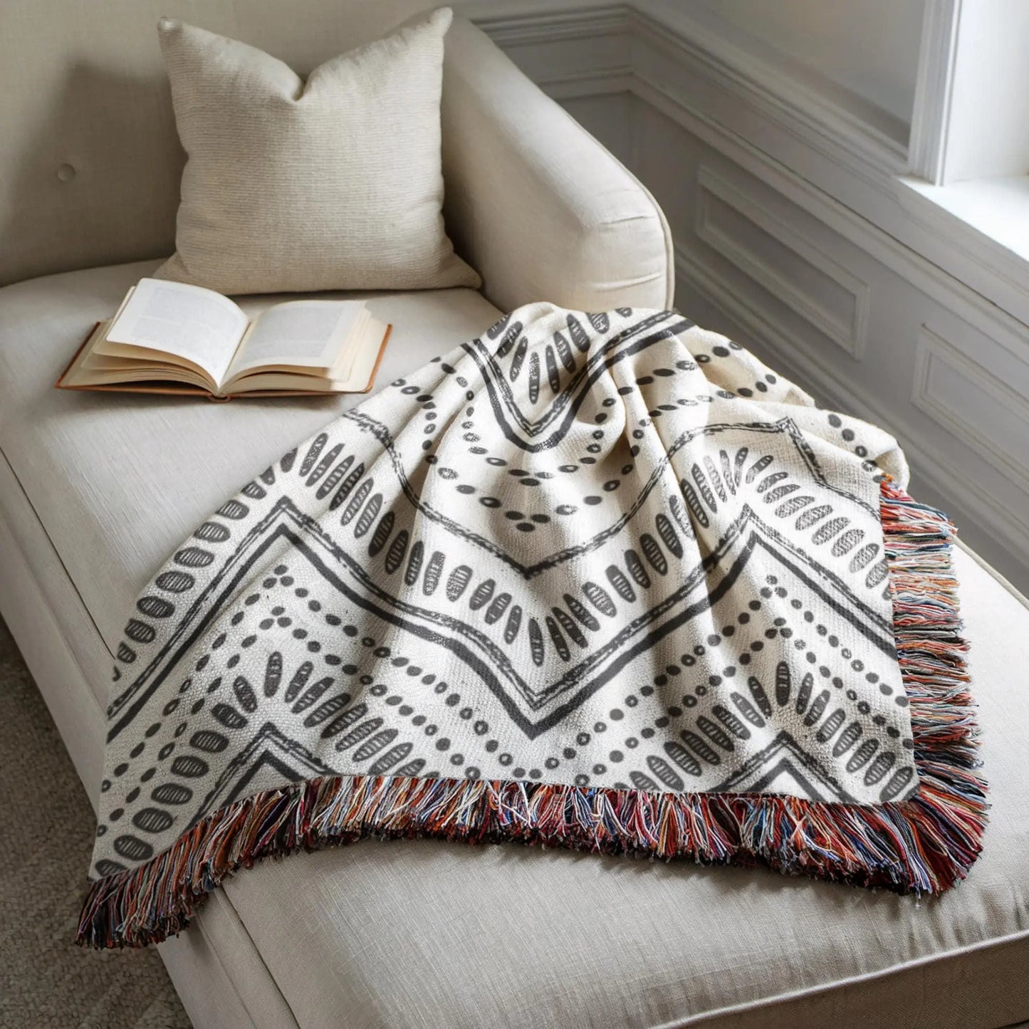 Woven Throw Blanket - Black and White Ikat Pattern Cotton Cozy Couch Throw