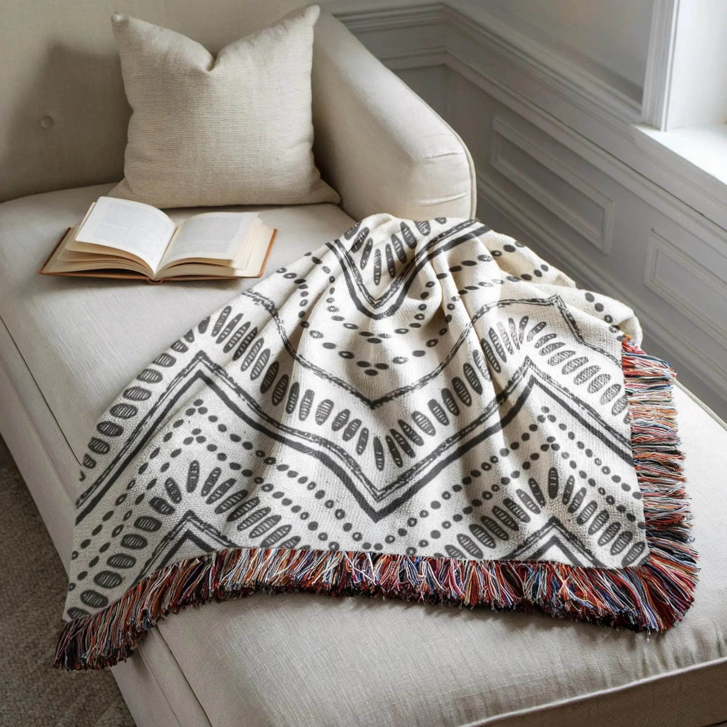 Woven Black and White Ikat Throw Blanket - Cozy Cotton Couch Blanket - timelessbohochic.com