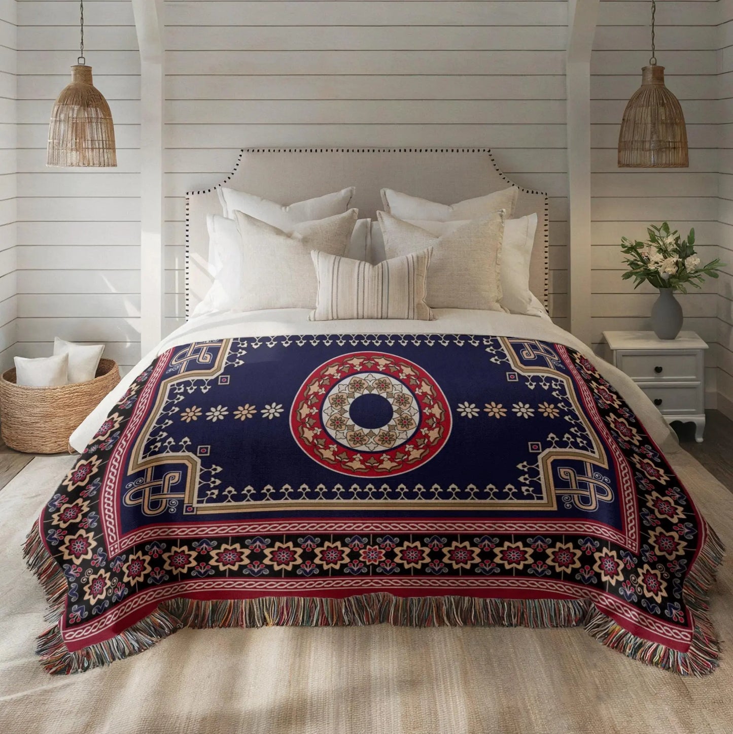 Woven Kilim Throw - Persian Rug Throw With Colorful Fringed Edge Blanket