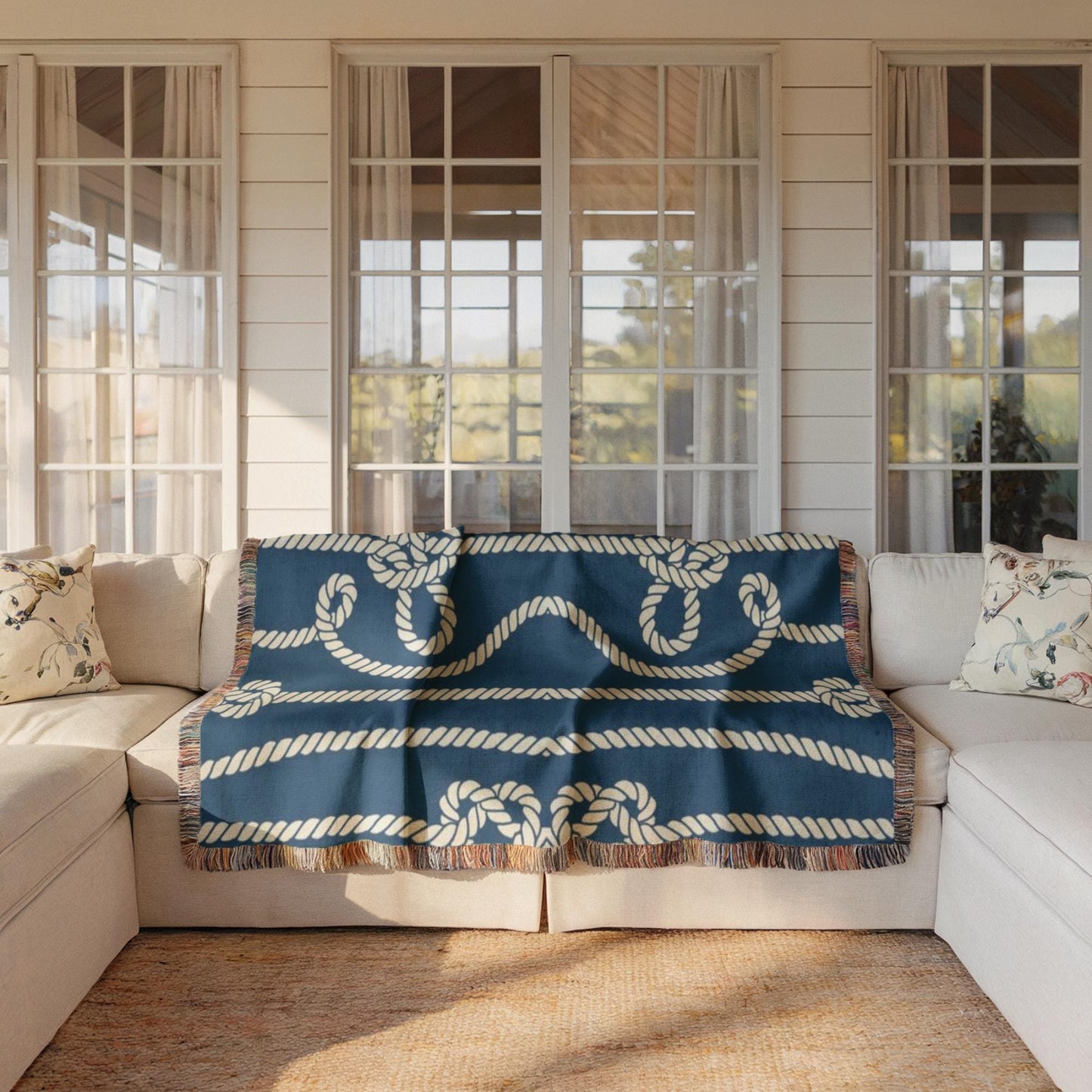 Marine Woven Blanket – Nautical Cord Throw With Colorful Fringed Edges