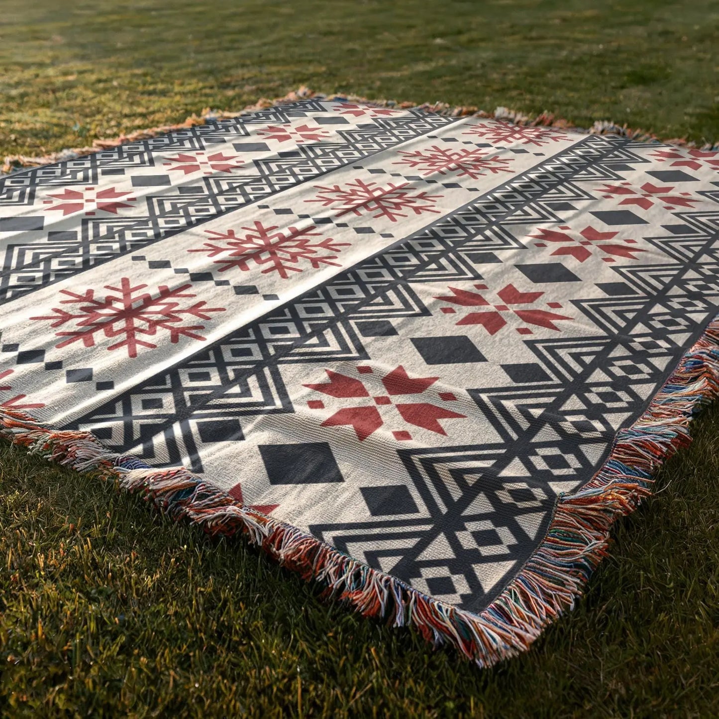 Nordic Snowflake Blanket - Cotton Woven Throw With Red Black Pattern | Cozy Winter Decor
