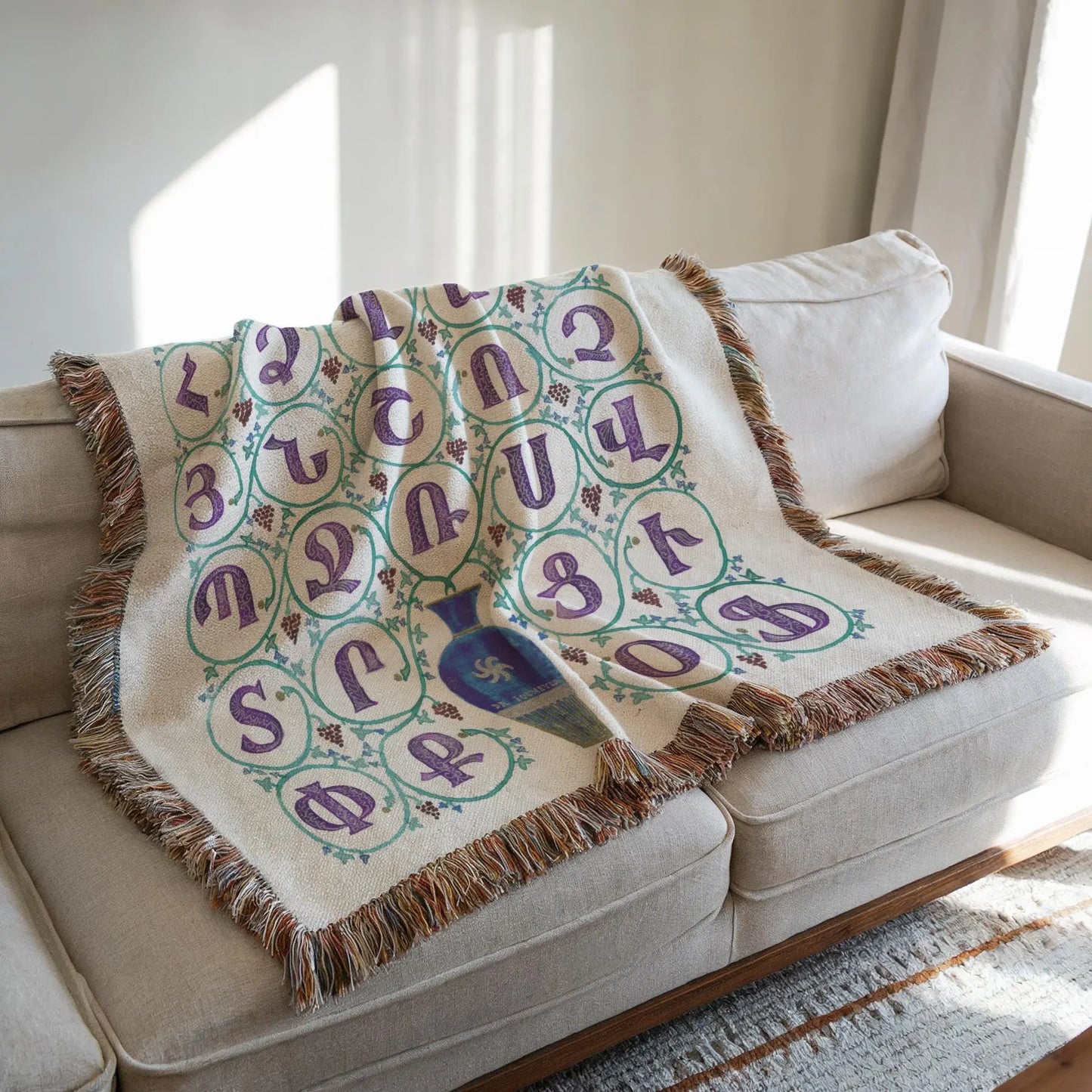 Armenian Woven Blanket - Cotton Throw with Armenian Alphabet Design | Cozy Cultural Sofa Throw