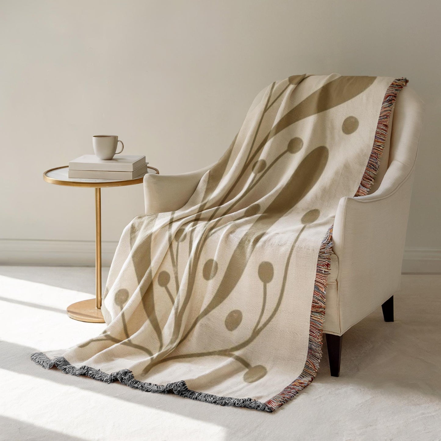 Woven Office Blanket - Mid Century Modern Linden Leaf Cotton Throw with Fringed Edges