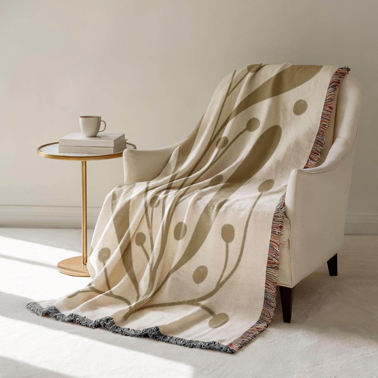 Woven Office Blanket - Mid Century Modern Linden Leaf Cotton Throw with Fringed Edges - timelessbohochic.com