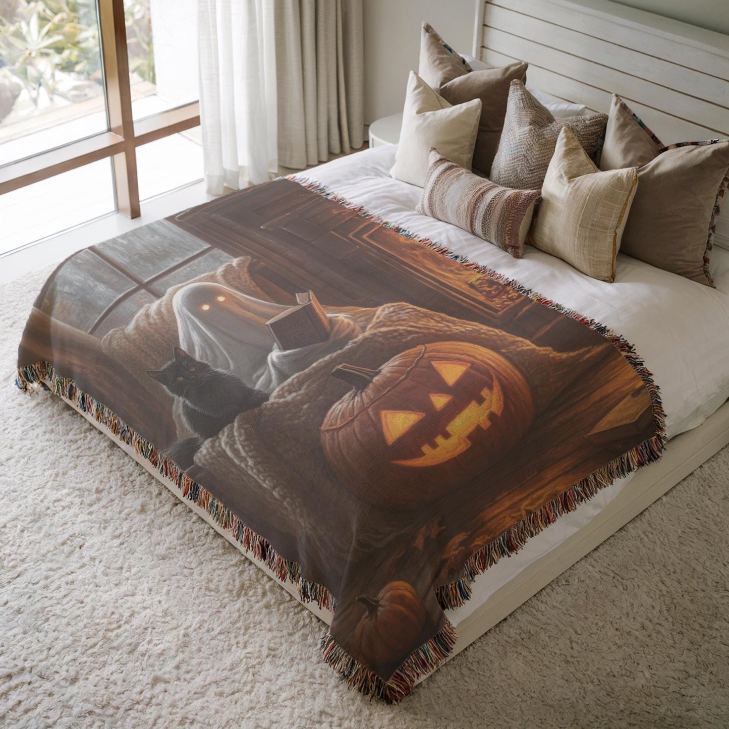 Halloween Throw Blanket - Ghost Cotton Woven Throw with Black Cat Pumpkin Design