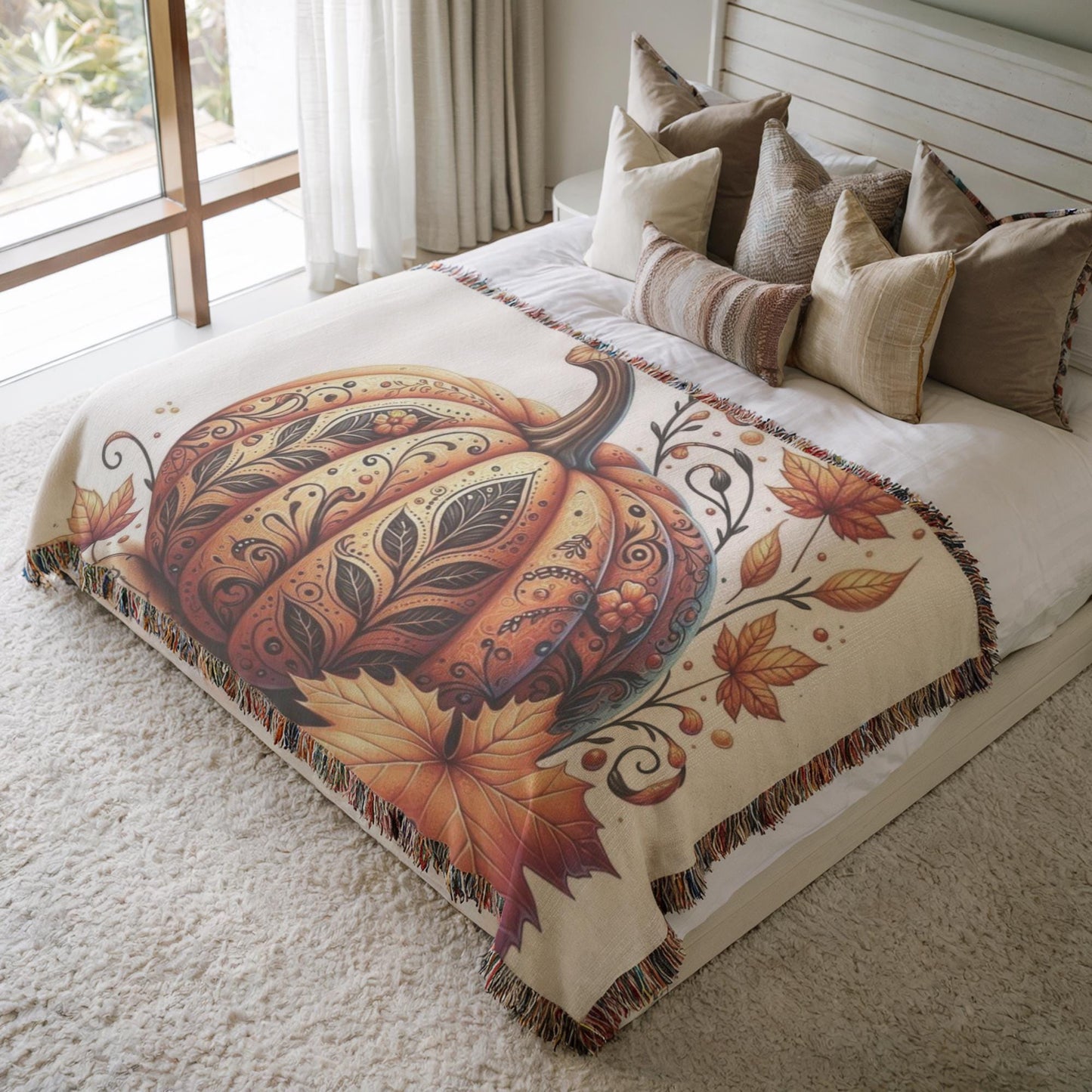 Thanksgiving Pumpkin Blanket - Cozy Cotton Woven Throw With Fringed Edges