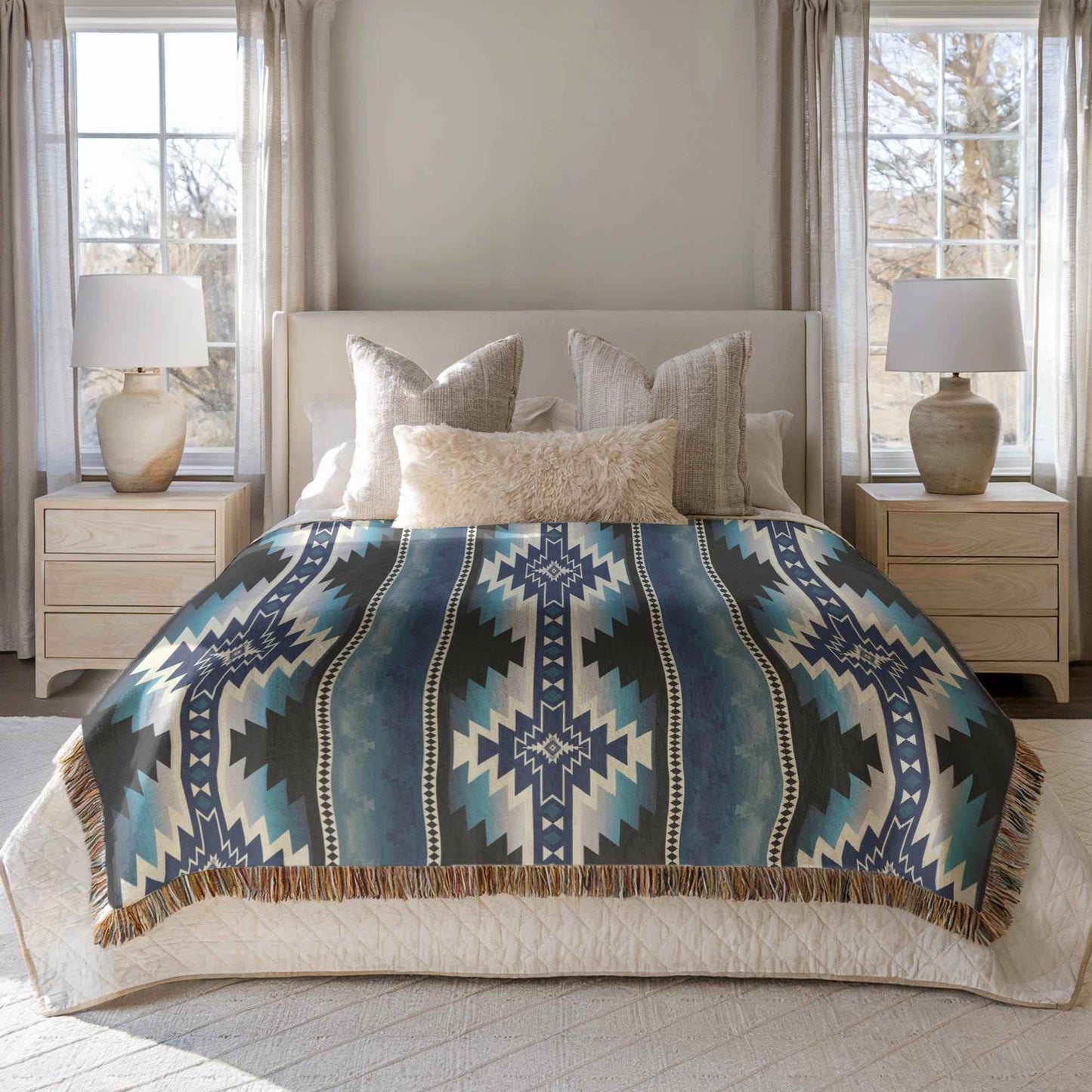 Southwestern Navajo Blanket - Woven Cotton Throw with Rustic Geometric Design - timelessbohochic.com