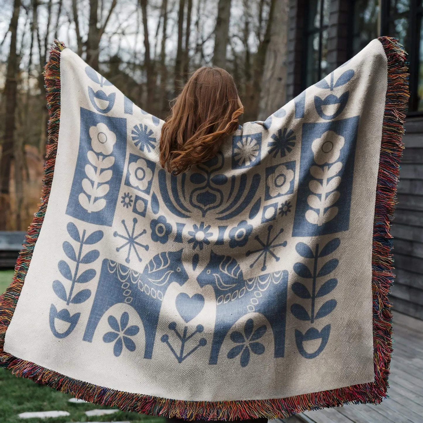 Blue Dala Horse Blanket - Scandinavian Folk Art Cotton Tapestry Throw for Cozy Hygge Home