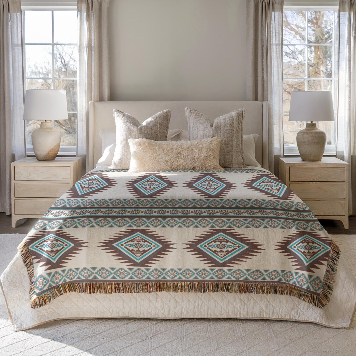 a well-lit bedroom with a large bed featuring a patterned blanket and pillows. The bed is flanked by two nightstands, each with a lamp. The room has large windows that allow natural light to fill the space, creating a bright and inviting atmosphere.