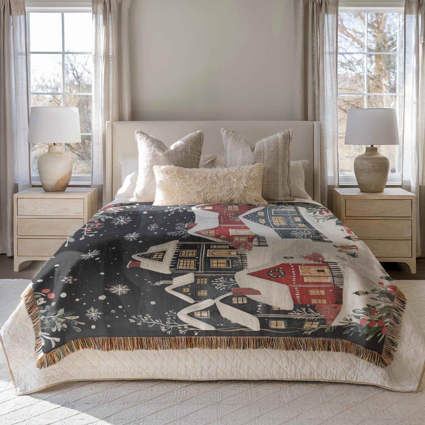 Holiday Cotton Throw - Woven Christmas Village Blanket | Cozy Seasonal Bedroom Accent - timelessbohochic.com