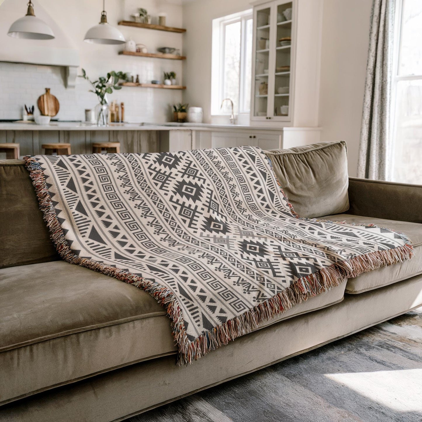 a cozy living room with a brown sofa and a patterned throw blanket on it. The room has a kitchen area with a countertop and cabinets visible in the background.