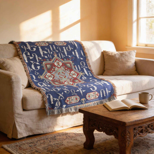 Boho woven blanket with woven pattern styled for layered home decor