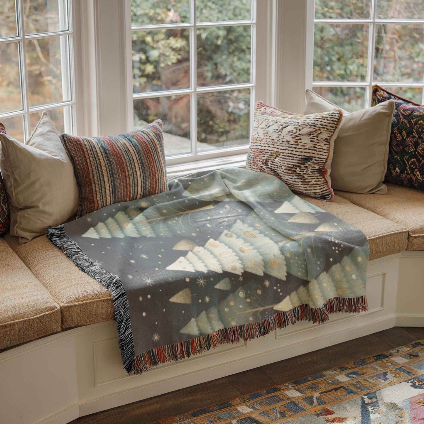 Woven Christmas Blanket - Cotton Holiday Throw With Festive Forest Design & Fringed Edges - timelessbohochic.com