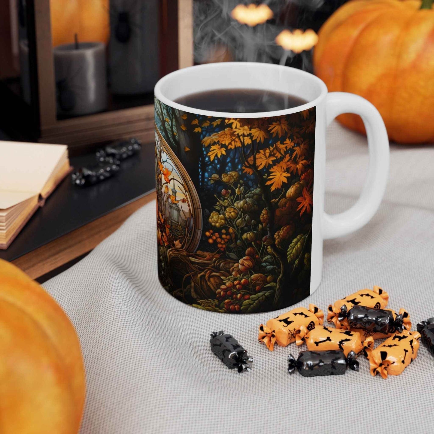 Fall Pumpkin Mug - Personalized Ceramic Mug With Stained Glass Design, 11oz - timelessbohochic.com