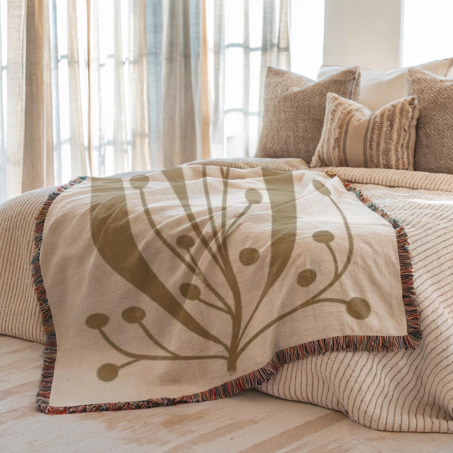 Linden Leaf Woven Blanket - Mid Century Throw With Botanical Pattern & Cozy Cotton