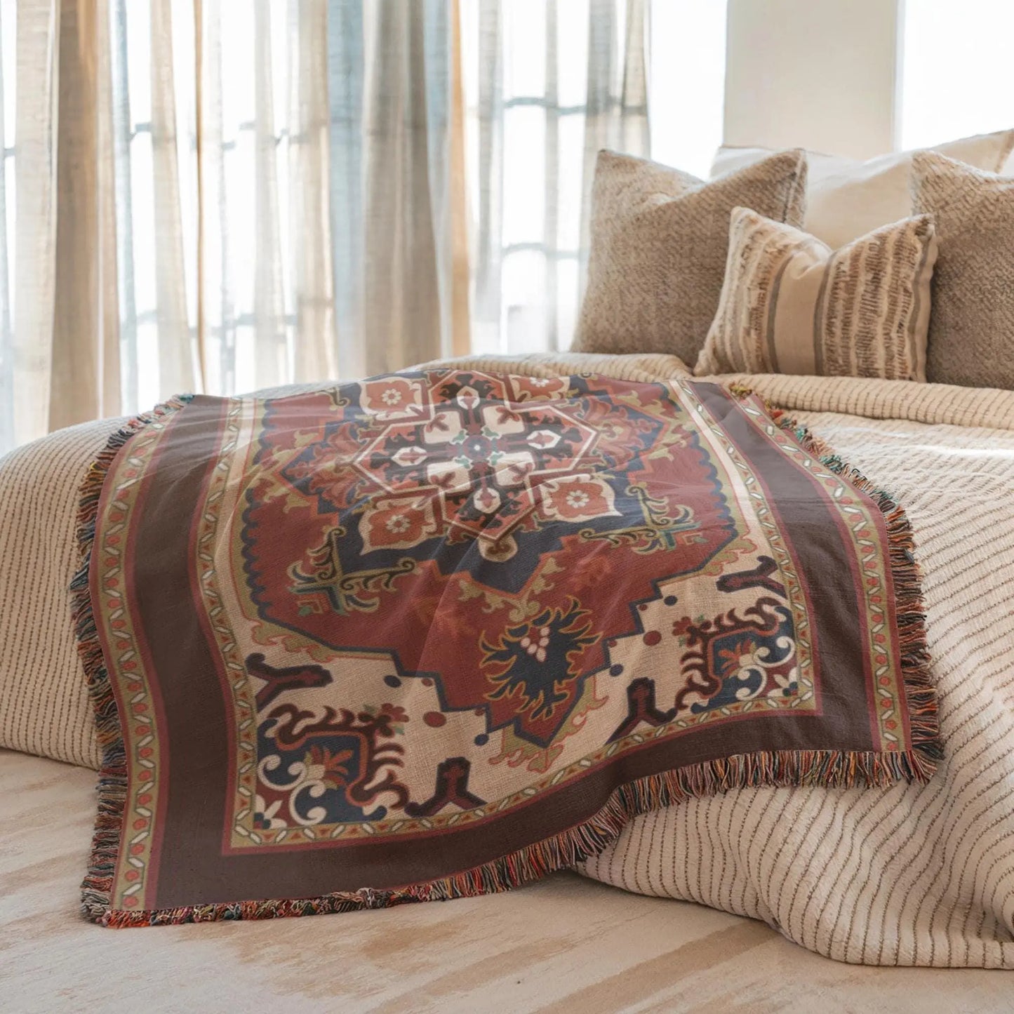 Woven Blanket - Persian Rug Throw With Fringed Edge | Soft Cotton Fabric Durable Cover