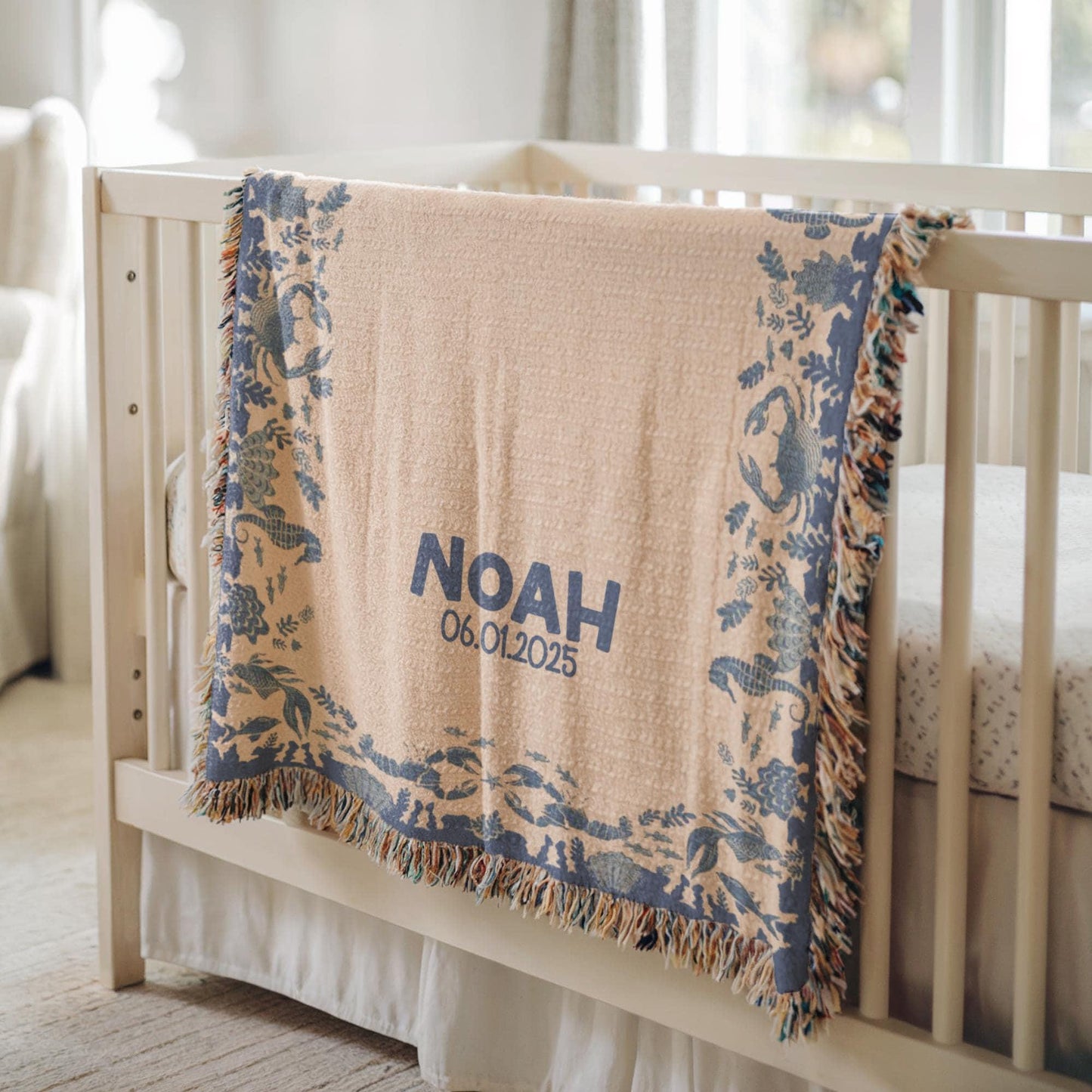 Personalized Baby Blanket - Ocean Theme Woven Throw with Name & Date, Custom Cotton