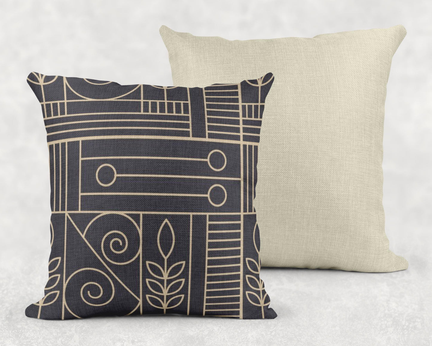 Woven Cushion Cover - Dark Blue Beige Geometric Pillow with Golden Accent