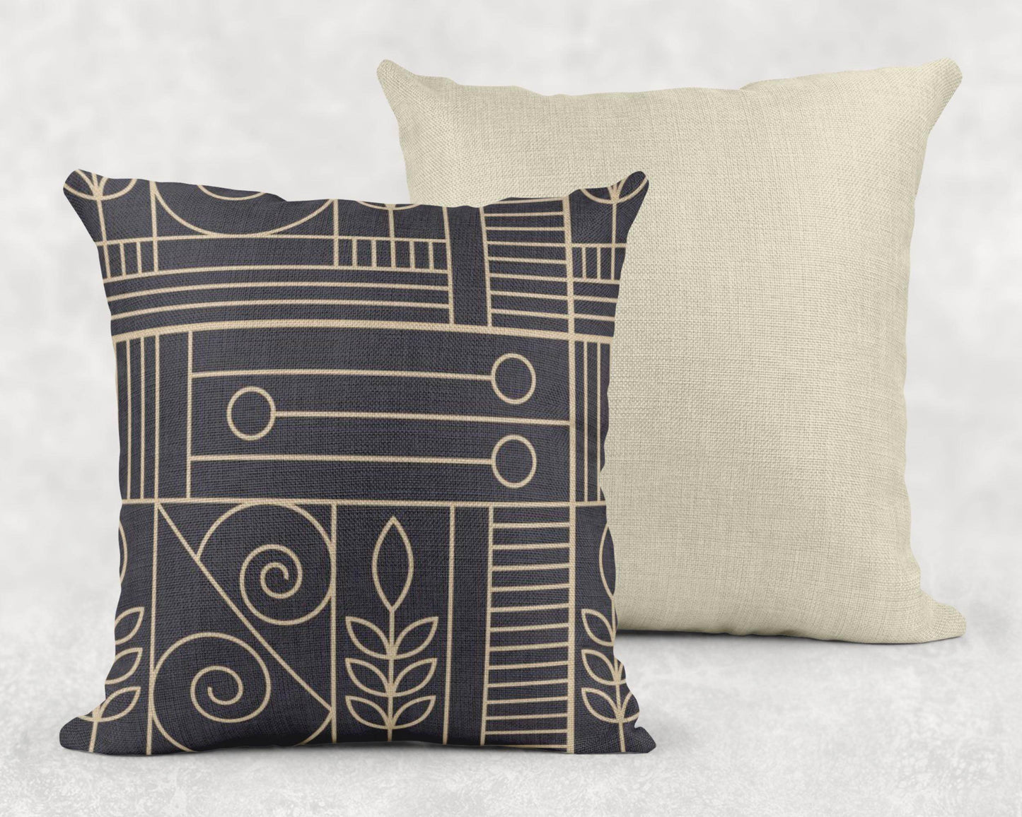 Woven Cushion Cover - Dark Blue Beige Geometric Pillow with Golden Accent - timelessbohochic.com