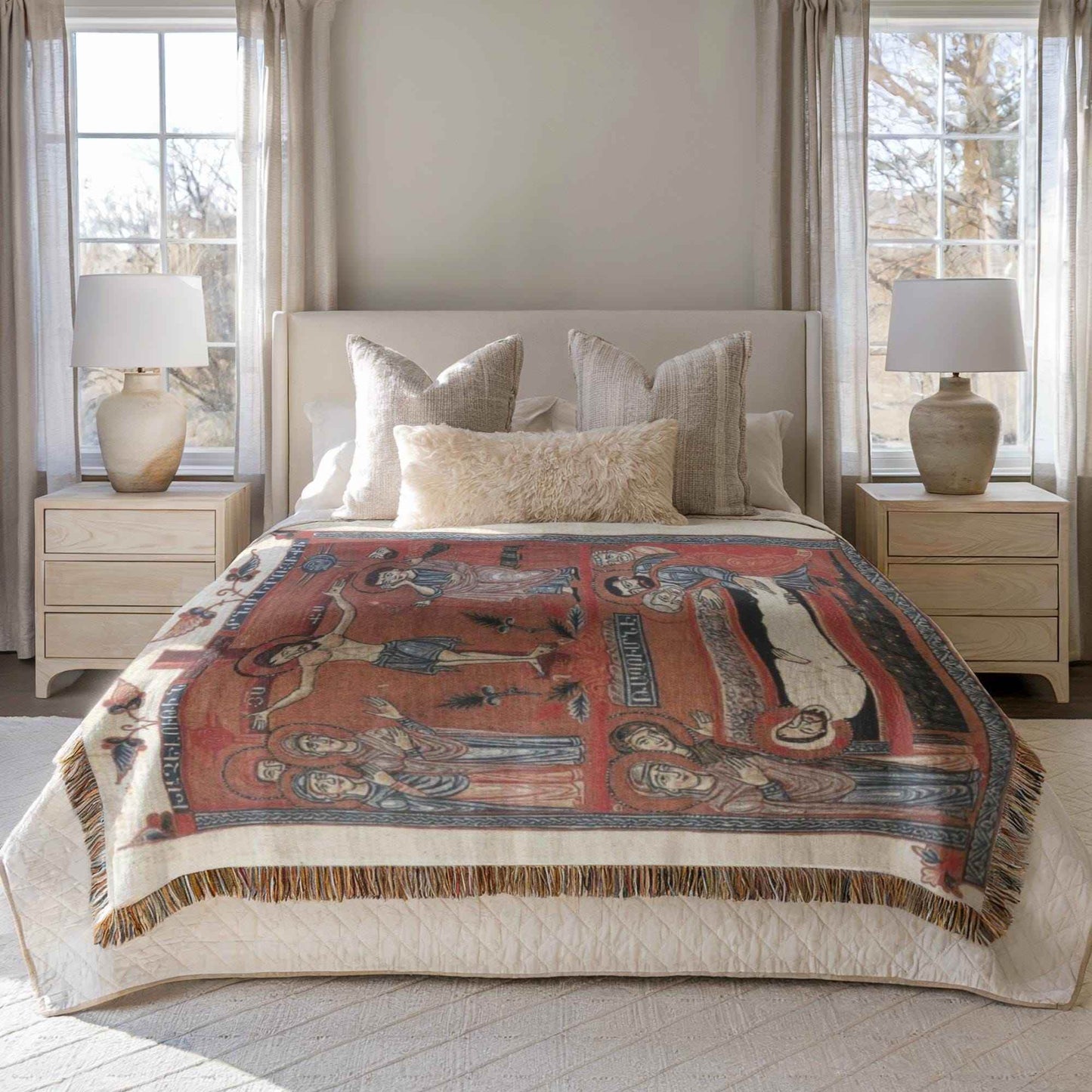 Armenian Tapestry Throw – Large Cotton Blanket With Crucifixion Scene Design - timelessbohochic.com