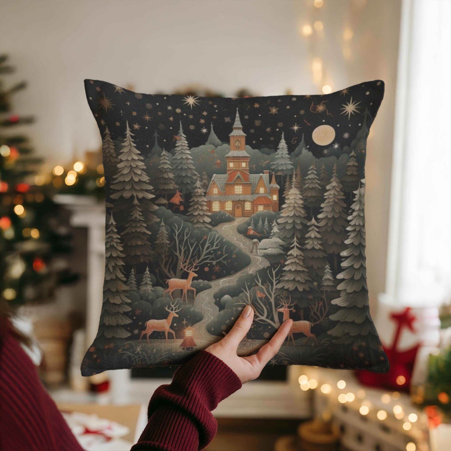 Folk Art Pillow Woven Throw Holiday Decor Cushion – Winter Castle Christmas Tree - timelessbohochic.com