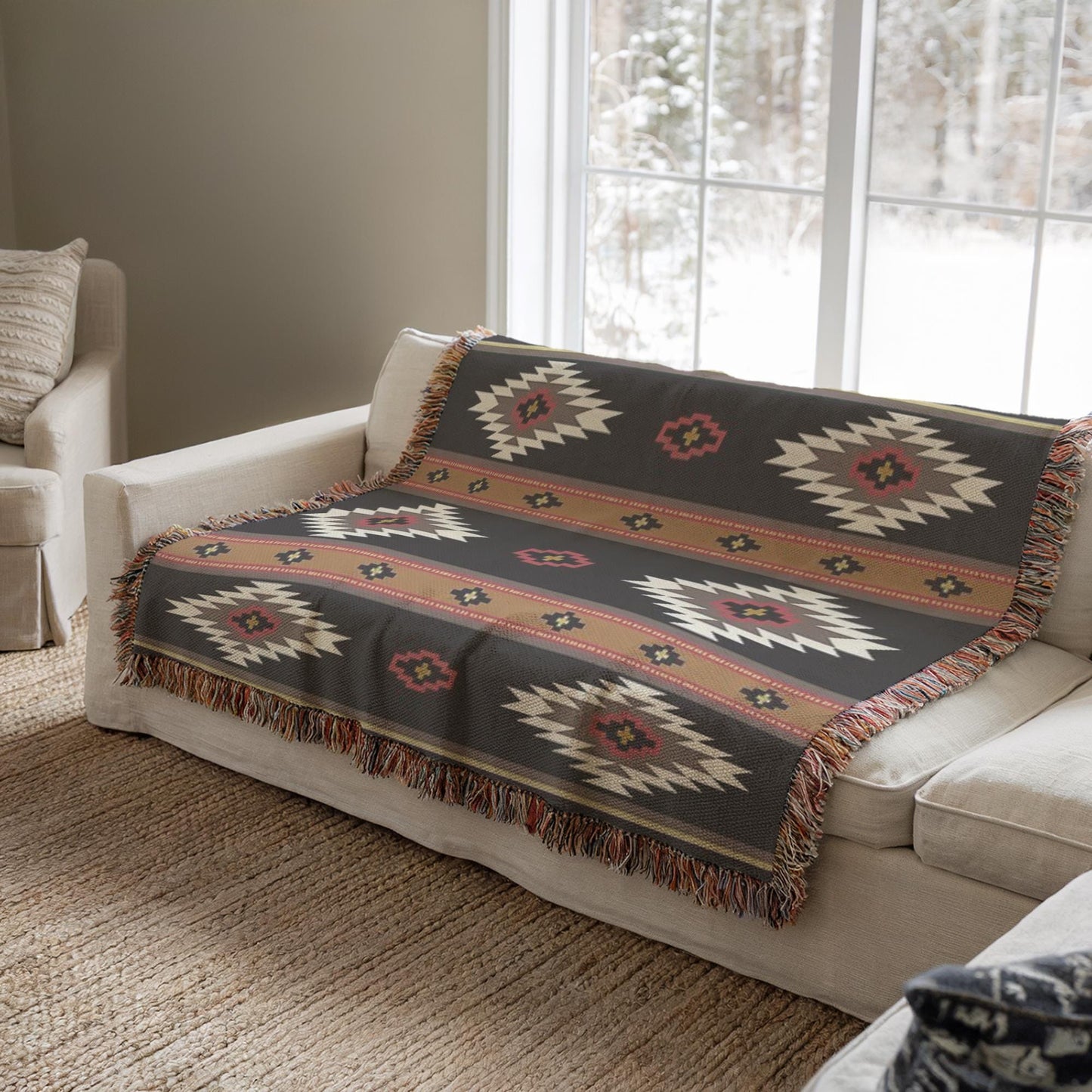 a cozy living room with a large, colorful, patterned blanket draped over a white couch. The blanket has a geometric design in shades of brown, black, and red, and it is placed on the couch, covering the entire seat. The room has a window that provides natural light, and there is a beige armchair in the background.