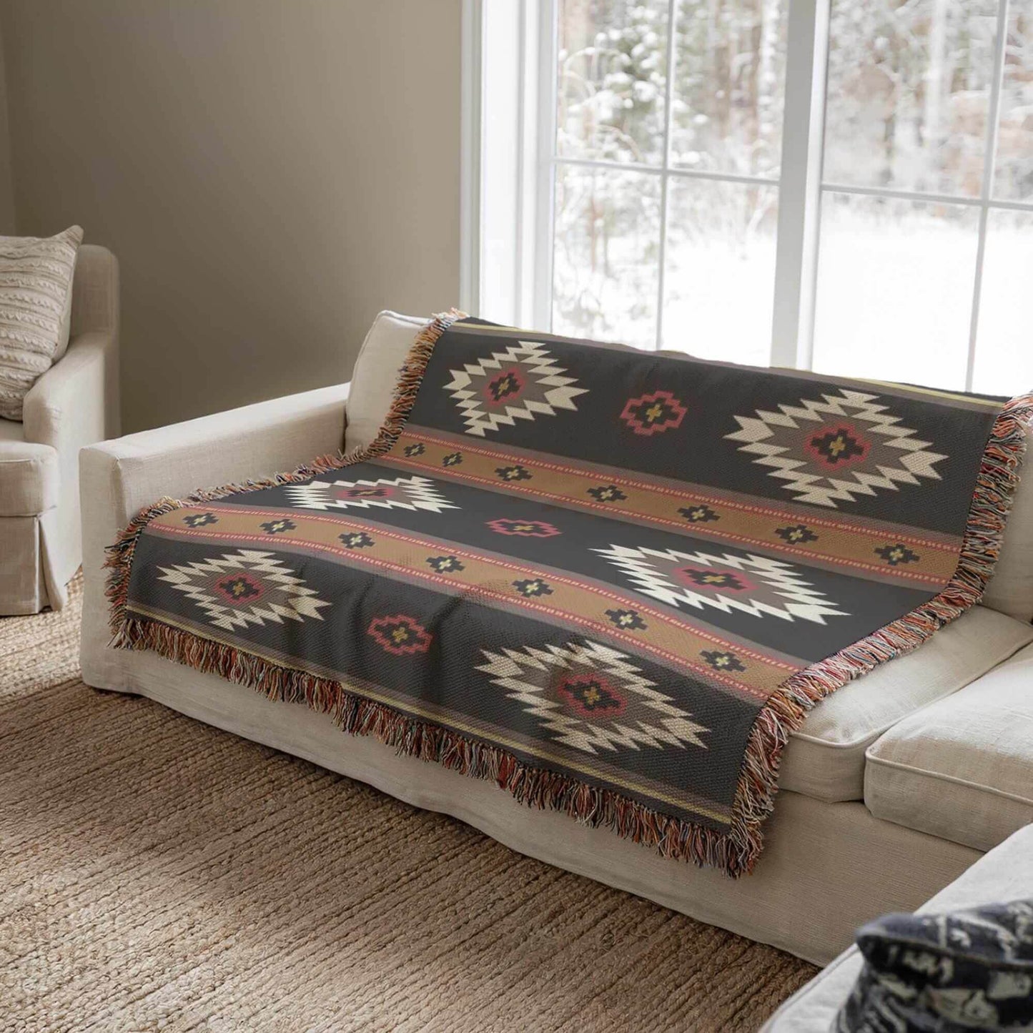 Native American Blanket – Southwestern Throw With Ikat Pattern & Fringed Edge - timelessbohochic.com