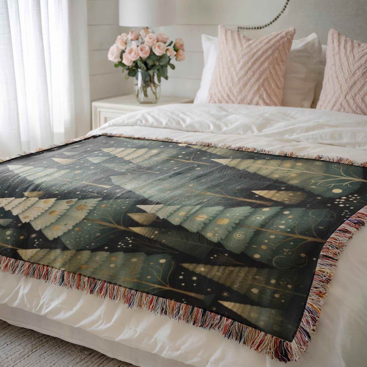 Festive Forest Blanket – Woven Cotton Throw with Xmas Tree Design, Cozy Winter Cover - timelessbohochic.com