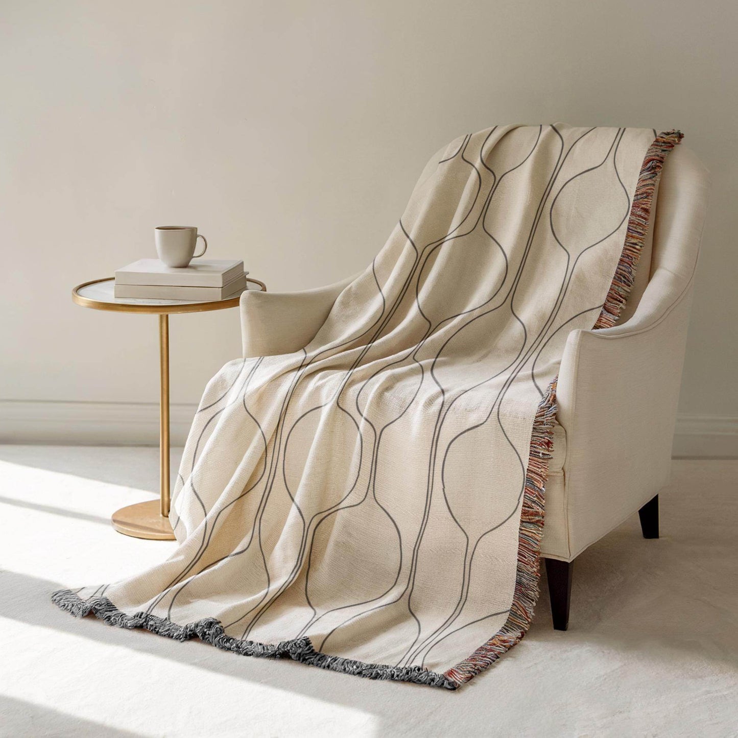 Mid Century Modern Tapestry - Woven Cotton Wall Hanging With Boho Fringed Edges - timelessbohochic.com