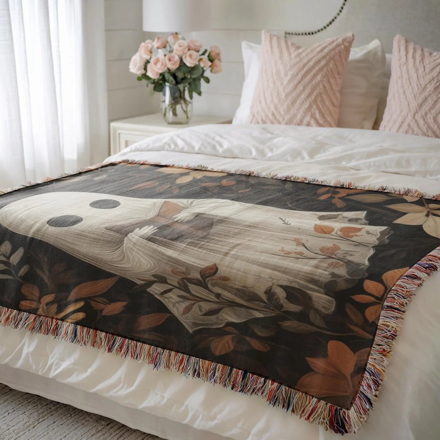 Cute Ghost Blanket – Cozy Fall Throw with Reading Ghost Decor | Cotton Fabric, Fringed Edge