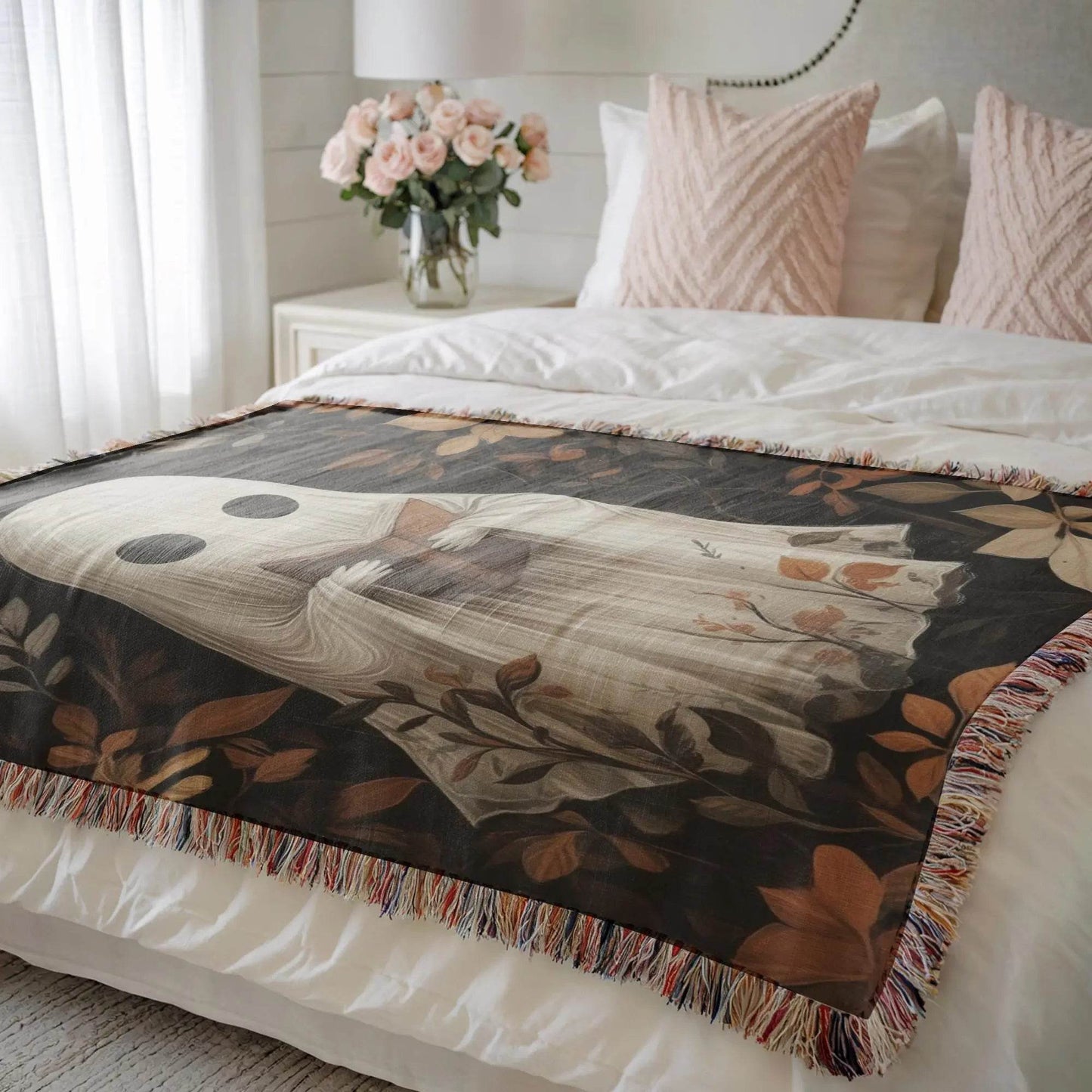 Cute Ghost Blanket – Cozy Fall Throw with Reading Ghost Decor | Cotton Fabric, Fringed Edge - timelessbohochic.com