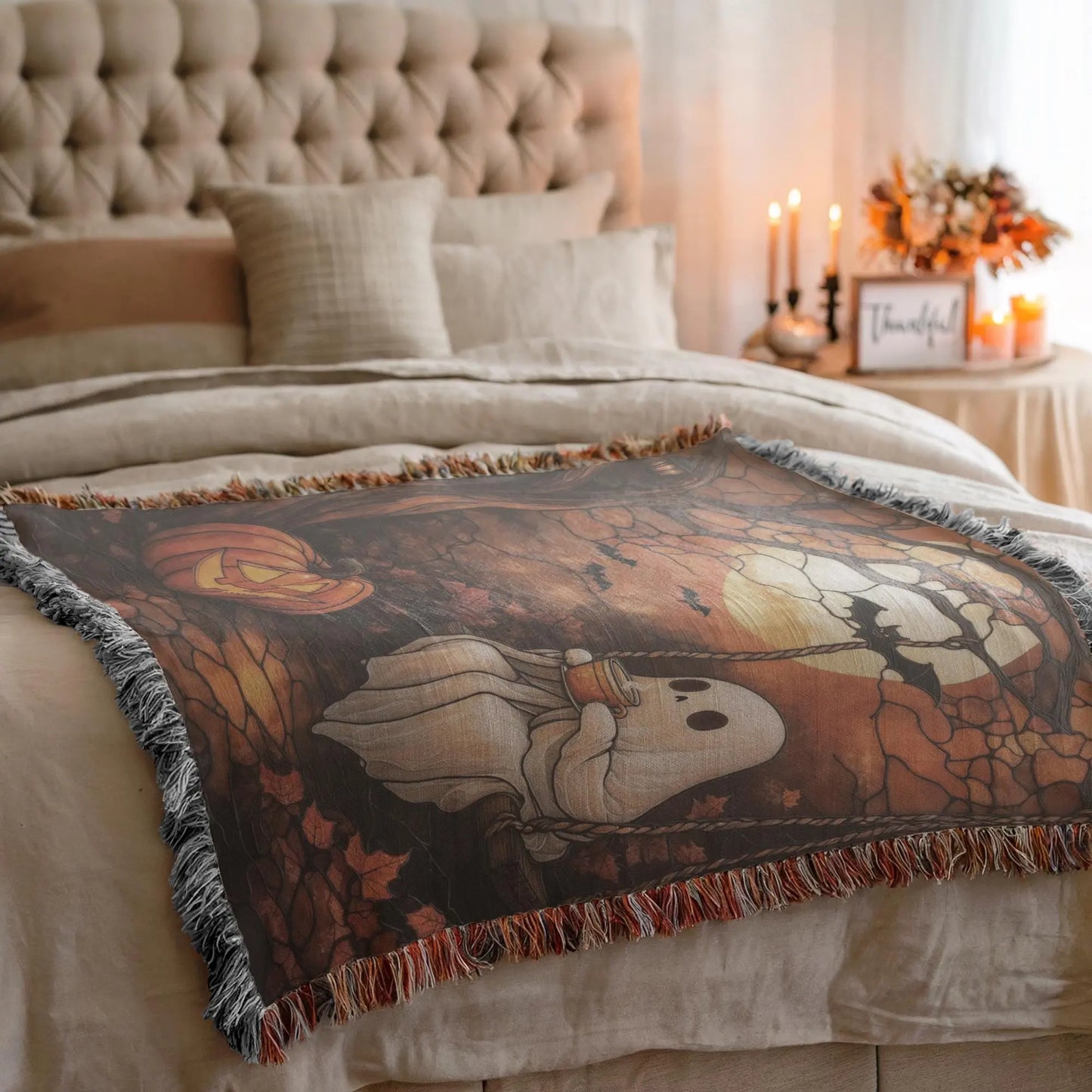 Halloween Throw Blanket - Cozy Woven Cotton Fabric Lap Blanket With Pumpkin Moon Design