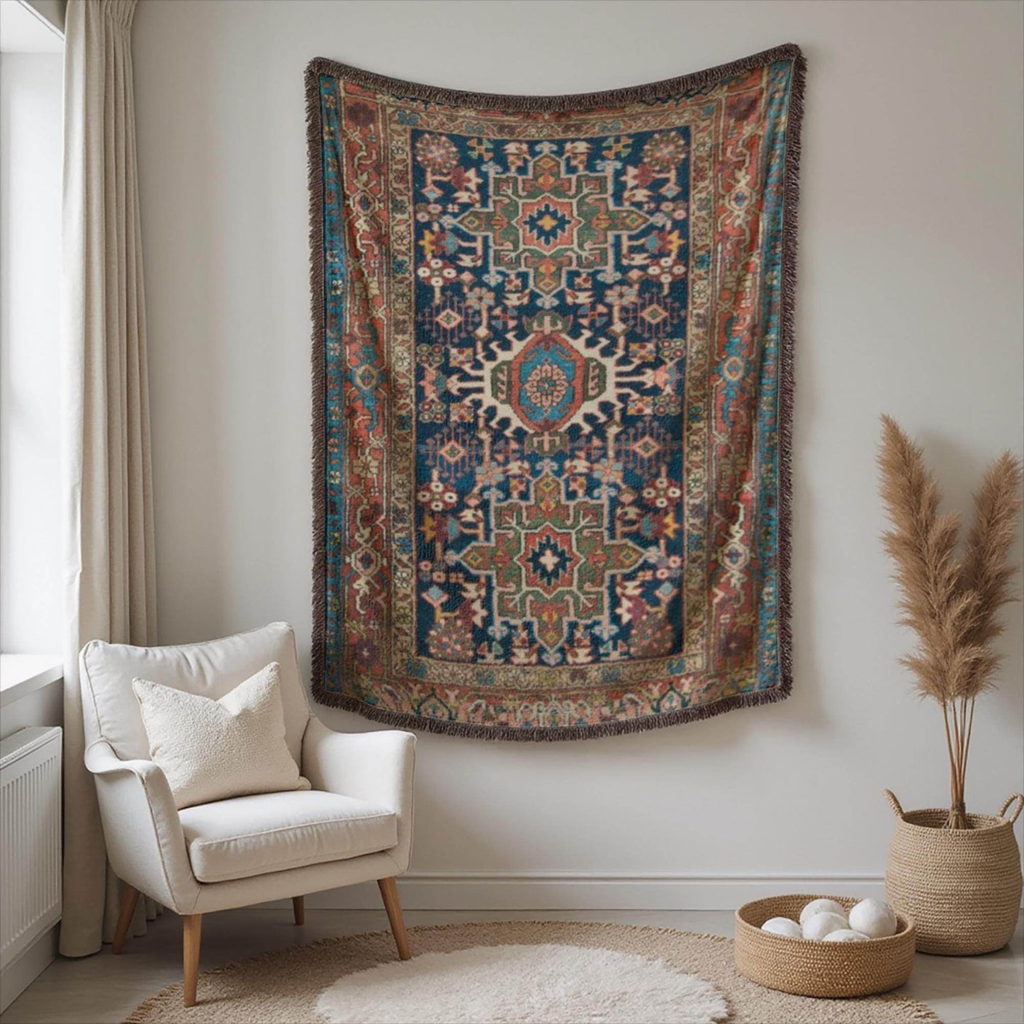 Turkish Rug Tapestry - Large Woven Cotton Textile Wall Hanging with Vibrant Fringed Edges - timelessbohochic.com