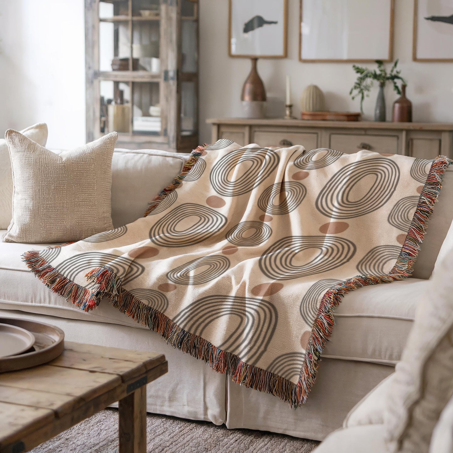 Woven Blanket - Black Oval Rust Dots Throw | Cozy Cotton Coverlet, Modern MCM Decor