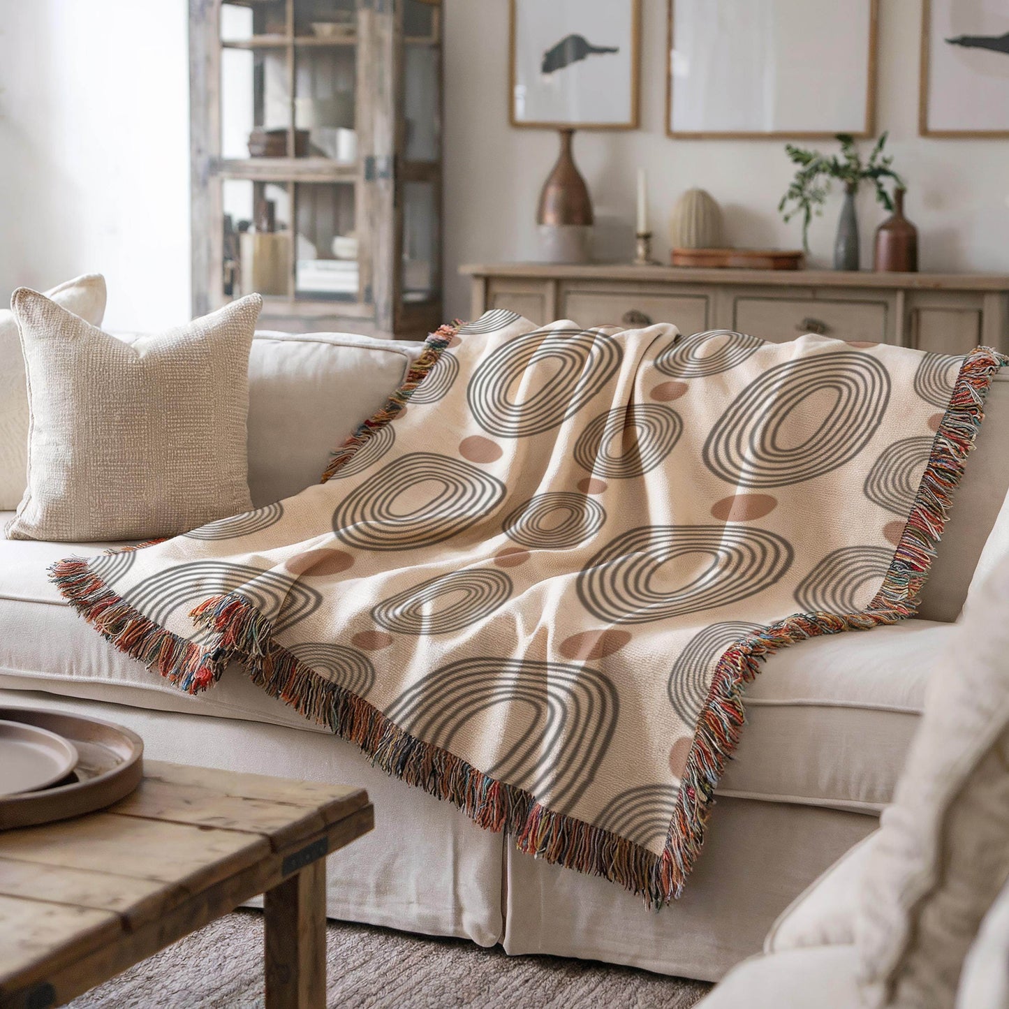 Woven Black Oval Throw Blanket - Cozy Cotton Coverlet with Rust Dots for Modern MCM Decor - timelessbohochic.com