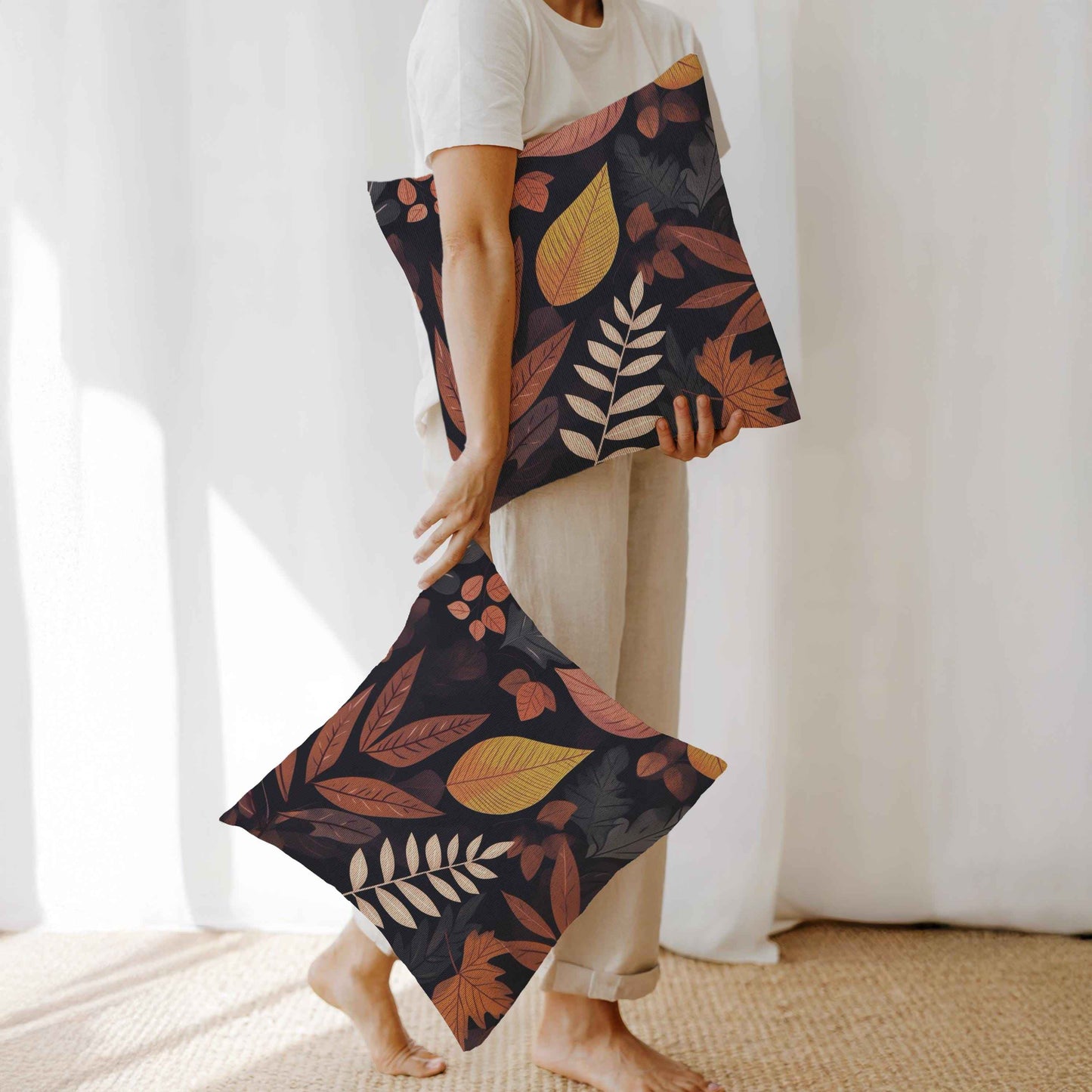 Leaf Print Pillow Cover - Rustic Fall Throw Pillow | Woven Cotton Cushion 17x18"