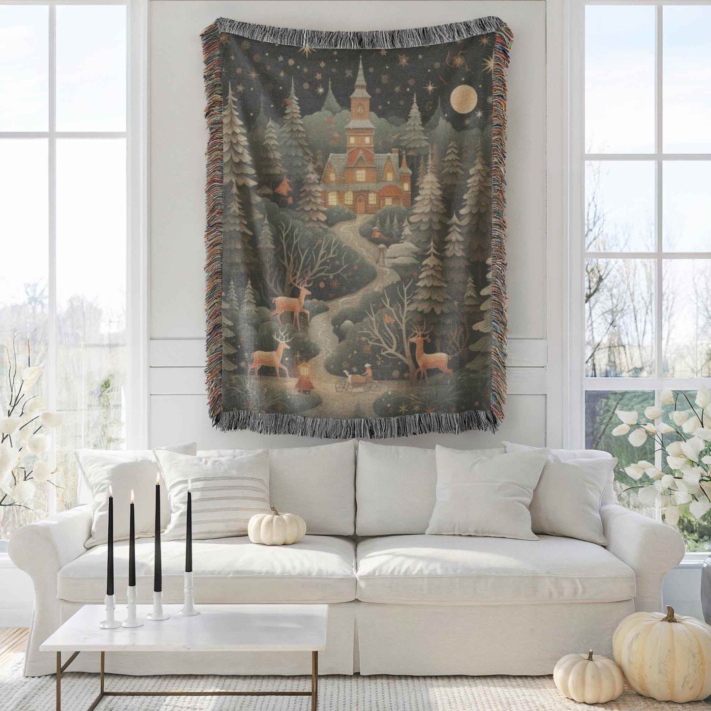 Festive Woven Blanket – Christmas Tree Tapestry With Reindeer & Magical Castle Throw - timelessbohochic.com