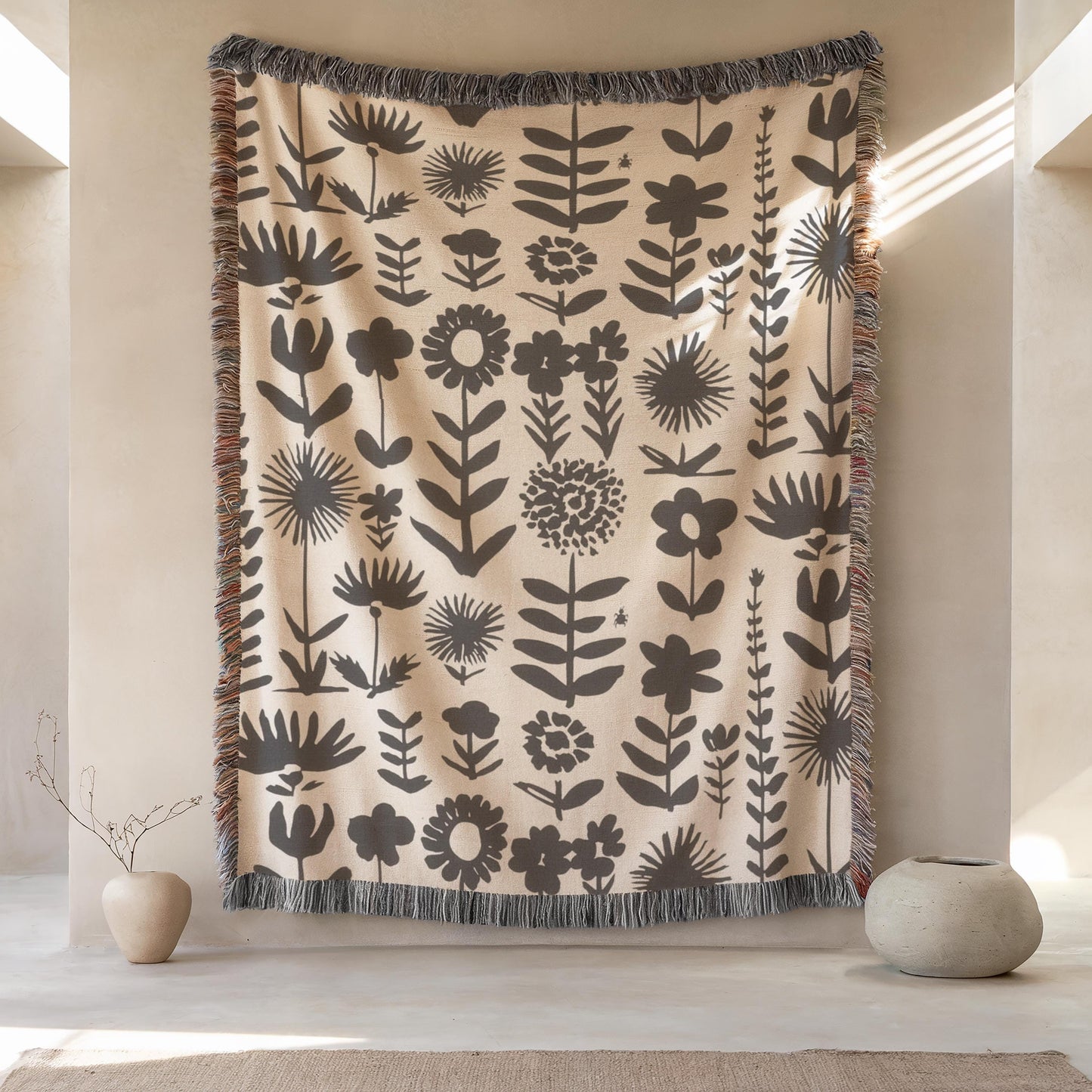Wildflowers Meadow Throw - Cozy Cotton Blanket With Botanical Print & Colorful Fringed Edges