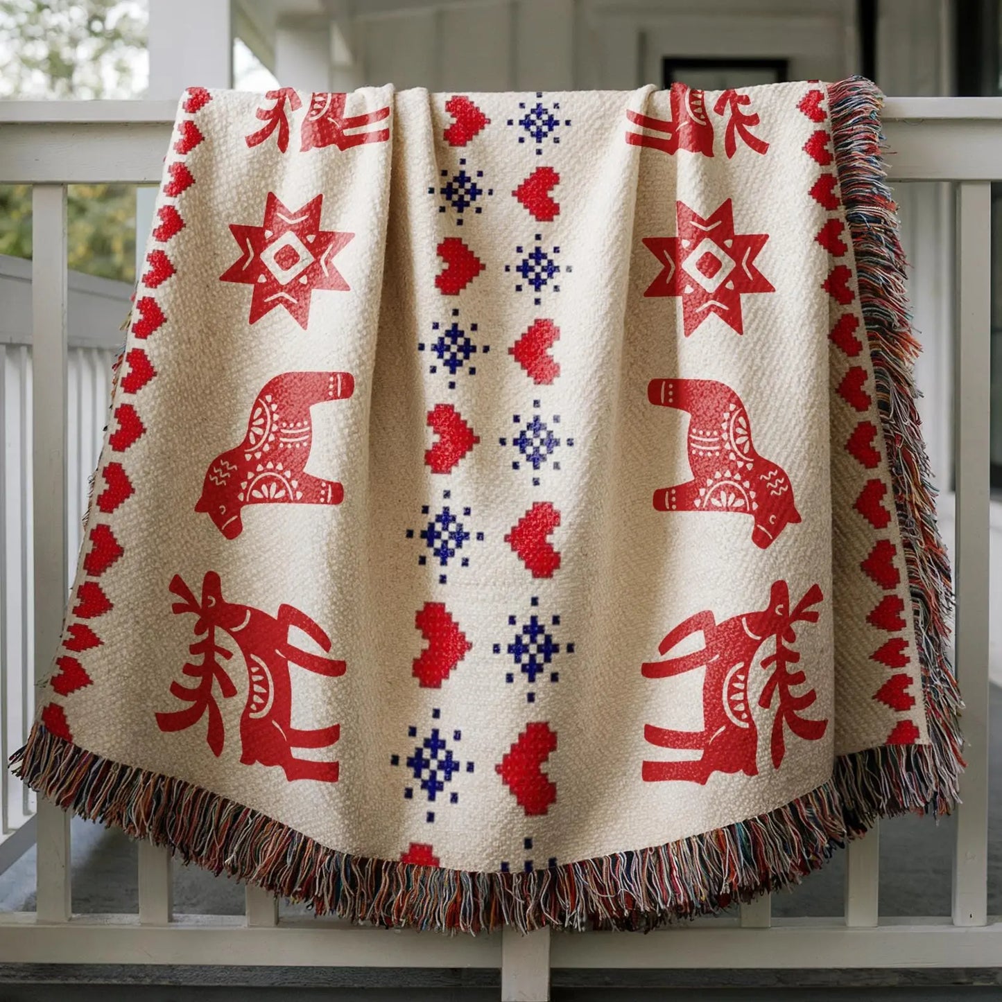Swedish Woven Blanket - Nordic Throw Blanket With Dala Horse & Reindeer Design