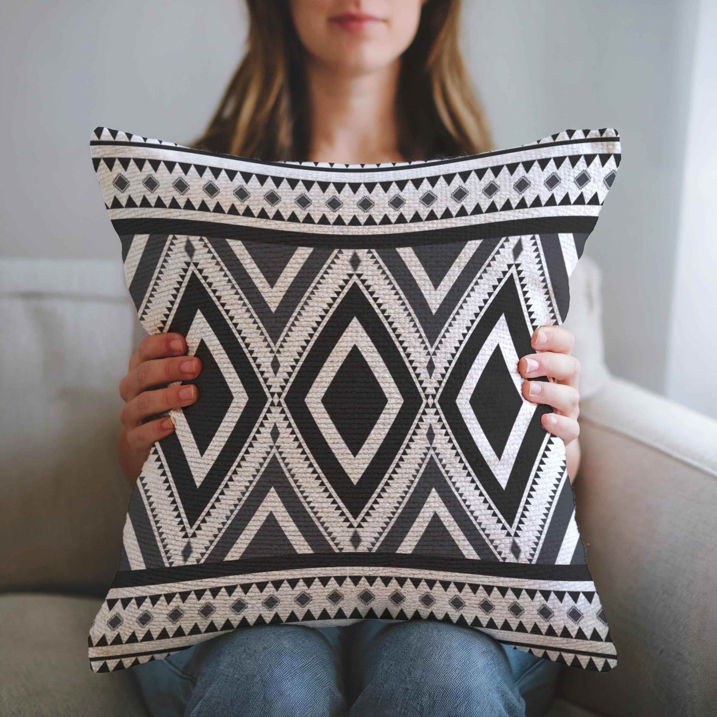 Rustic Ikat Pillow - Woven Cotton Throw Cushion With Geometric Design & Fringed Edge - timelessbohochic.com
