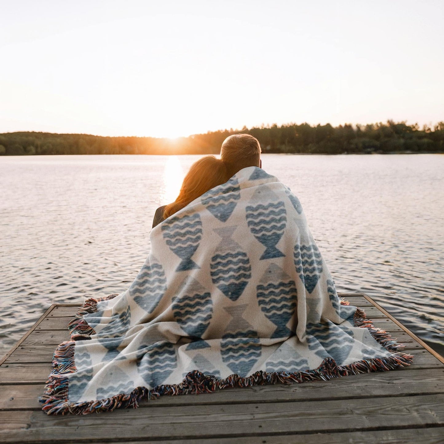 Coastal Boho Throw - Soft Cotton Throw Blanket With Nautical Fish Motif & Fringed Edges