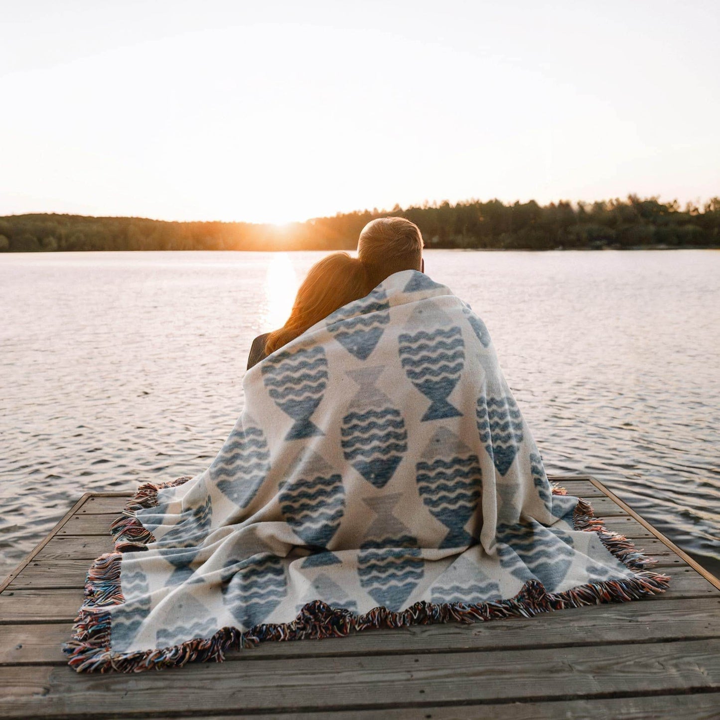 Coastal Boho Throw Blanket - Soft Cotton Blanket with Nautical Fish Motif & Fringed Edges - timelessbohochic.com