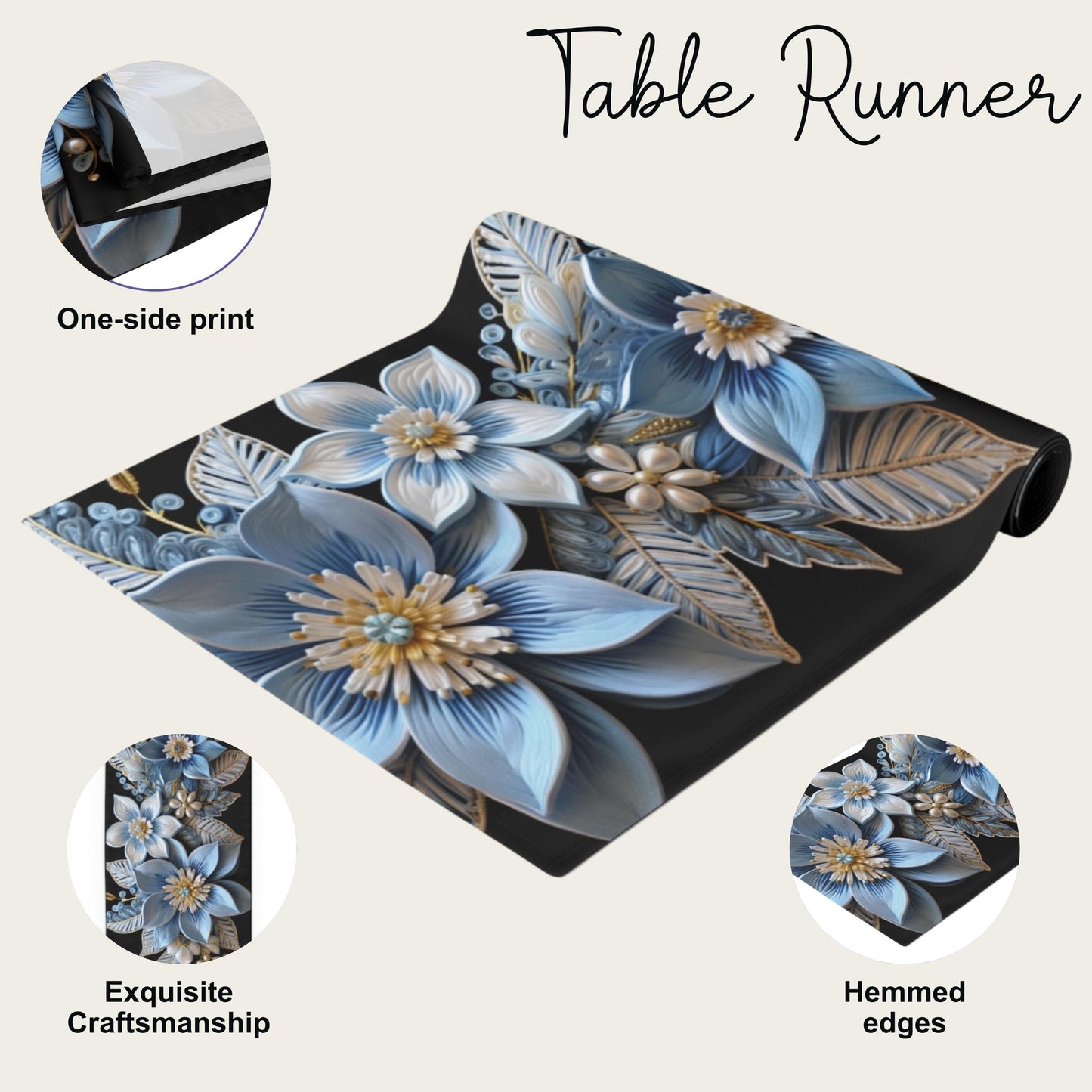 Poinsettia Table Runner – Baby Blue & Gold Christmas Table Decor | Elegant Holiday Accent