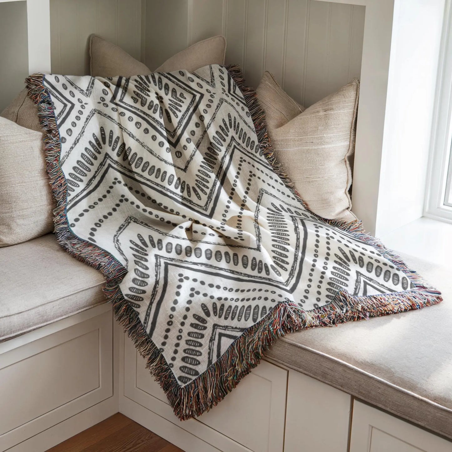 Woven Throw Blanket - Black and White Ikat Pattern Cotton Cozy Couch Throw